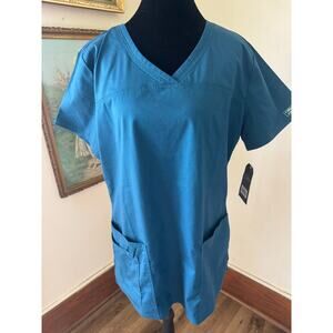 NWT Cherokee Workwear Core Stretch Scrub Top Teal V Neck Pockets M